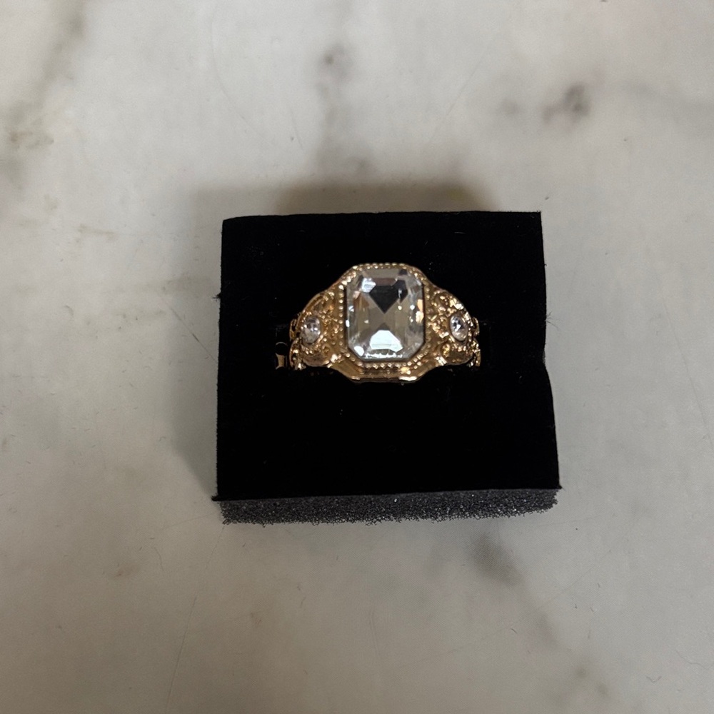 Gold-Plated Ring with Clear Center Stone - Women's Jewelry